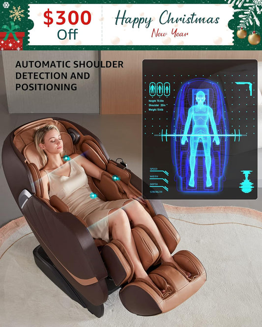 Massage Chairs Full Body Massage Chair Massage Recliner Chair Heated Zero Gravity Massage Chair for Home 3D Body Detection Back Chair Massager Foot Roller Bluetooth Speaker 24Airbags SL Brown